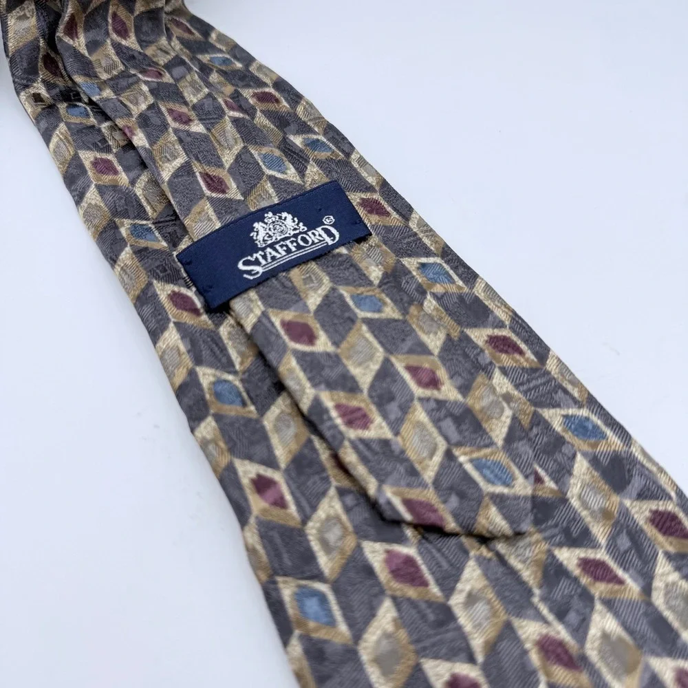 Stafford Mens Silk Tie Geometric Diamond‎ Pattern Grey Gold Made in Italy
